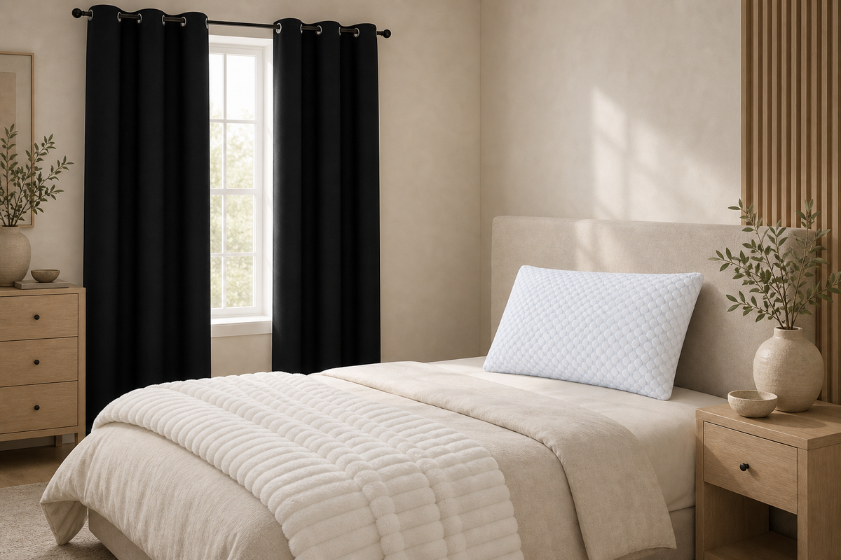 Oak & Vessel Bed & Bath collection with solid black curtains white sculpted throw and cooling pillow