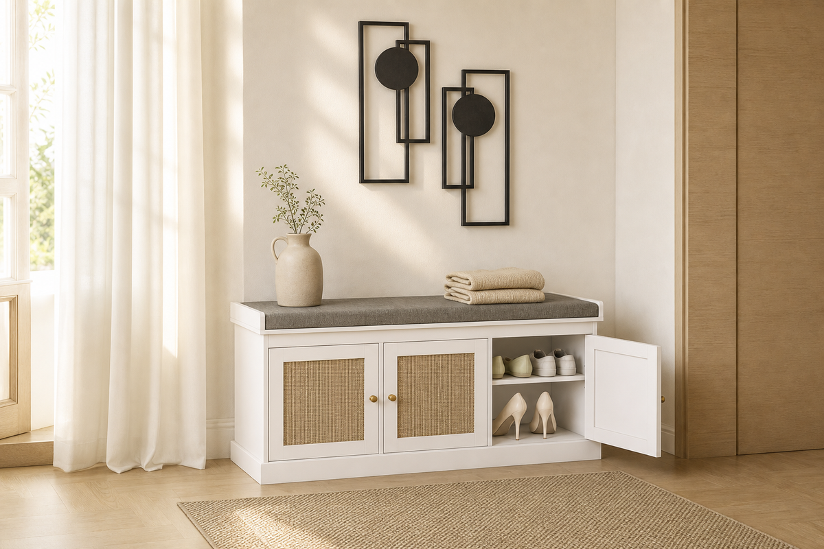 Oak & Vessel Home Décor collection with rattan-door storage bench and black geometric wall art