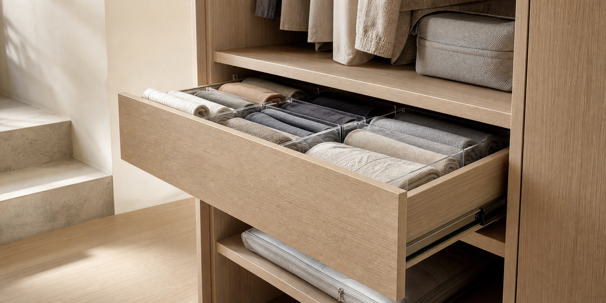 Calm organized Oak & Vessel wardrobe with drawer dividers and storage