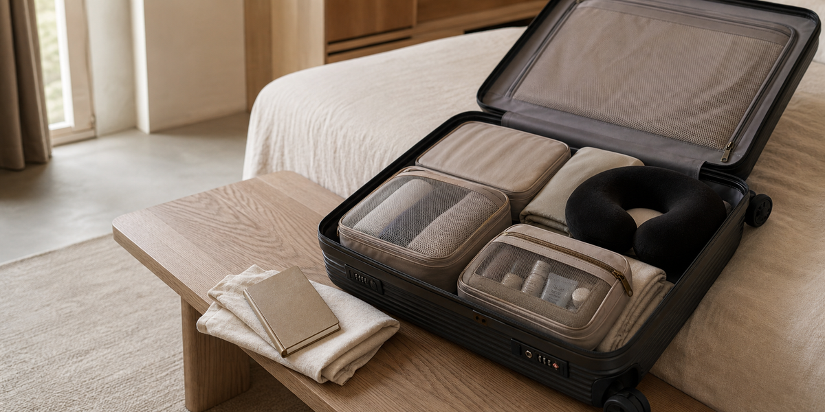 Organized Oak & Vessel travel essentials in a warm modern setting
