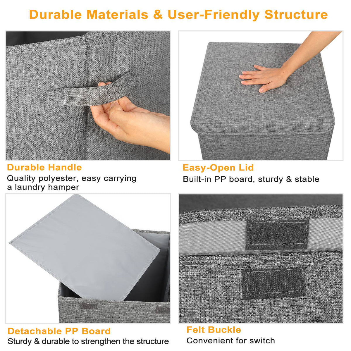 Hamper lid handle and interior structure details