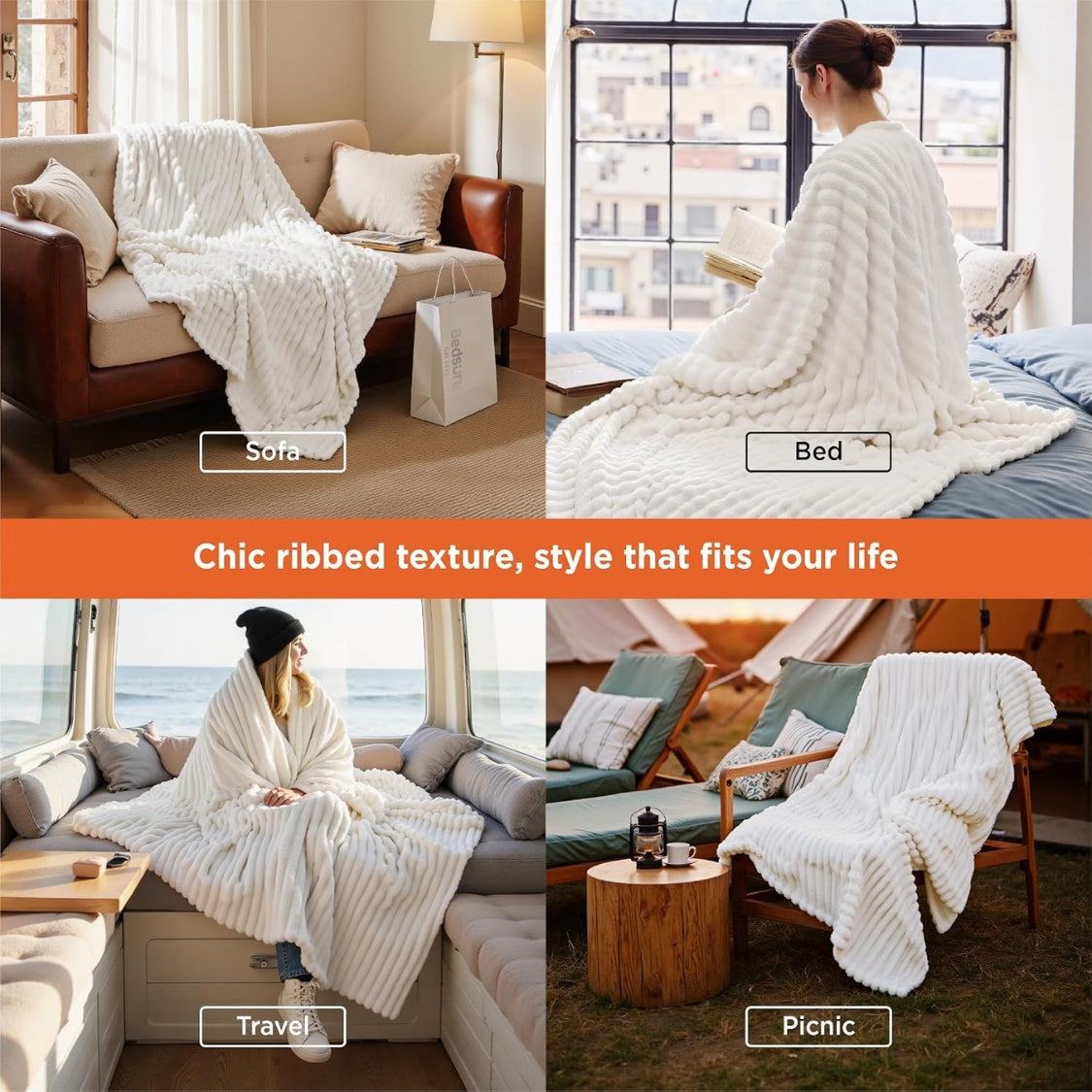 Solid white sculpted fleece throw shown in everyday settings