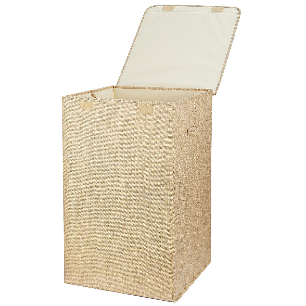Brown linen-look hamper with lid open