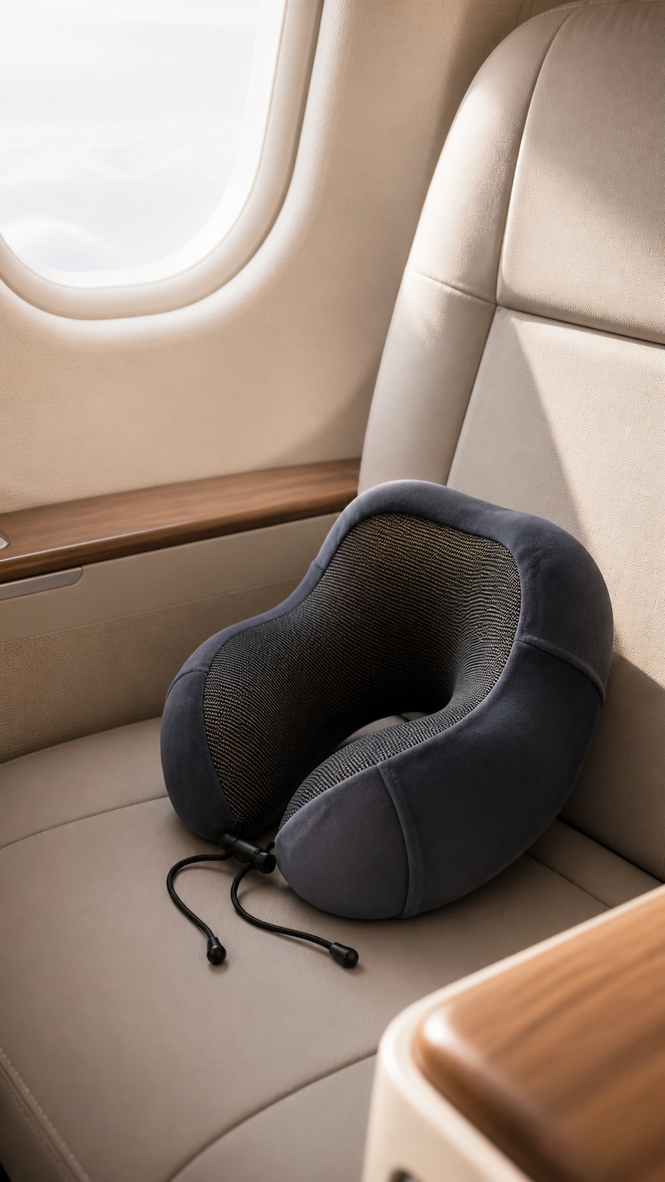 Oak & Vessel contour memory-foam travel pillow in a neutral airplane interior