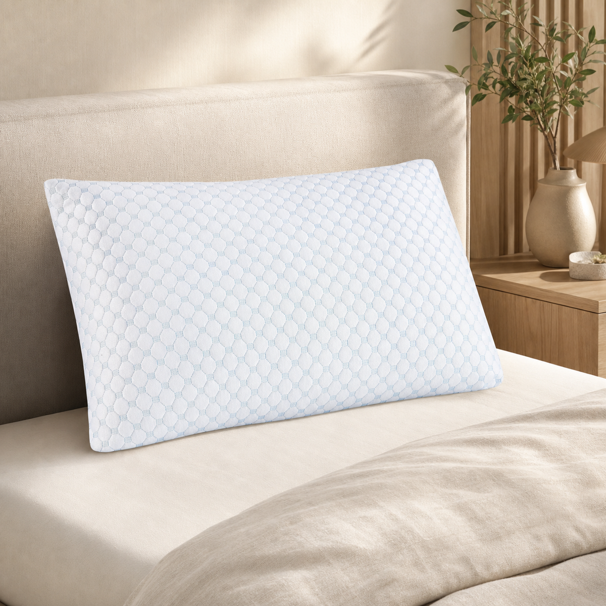 White king-size cooling pillow on a warm neutral bed