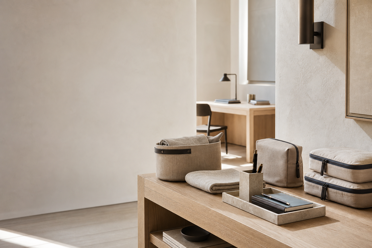 Warm modern Oak & Vessel home, work and travel organization scene