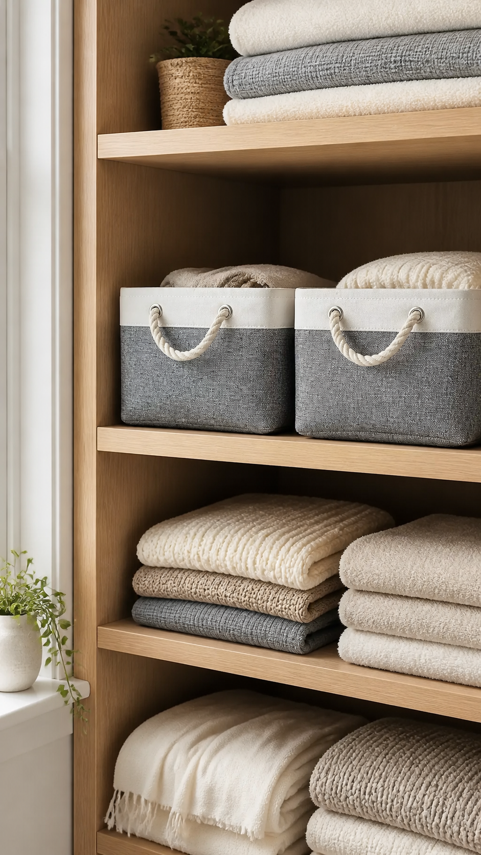 Oak & Vessel linen-look foldable storage baskets styled in a warm oak closet