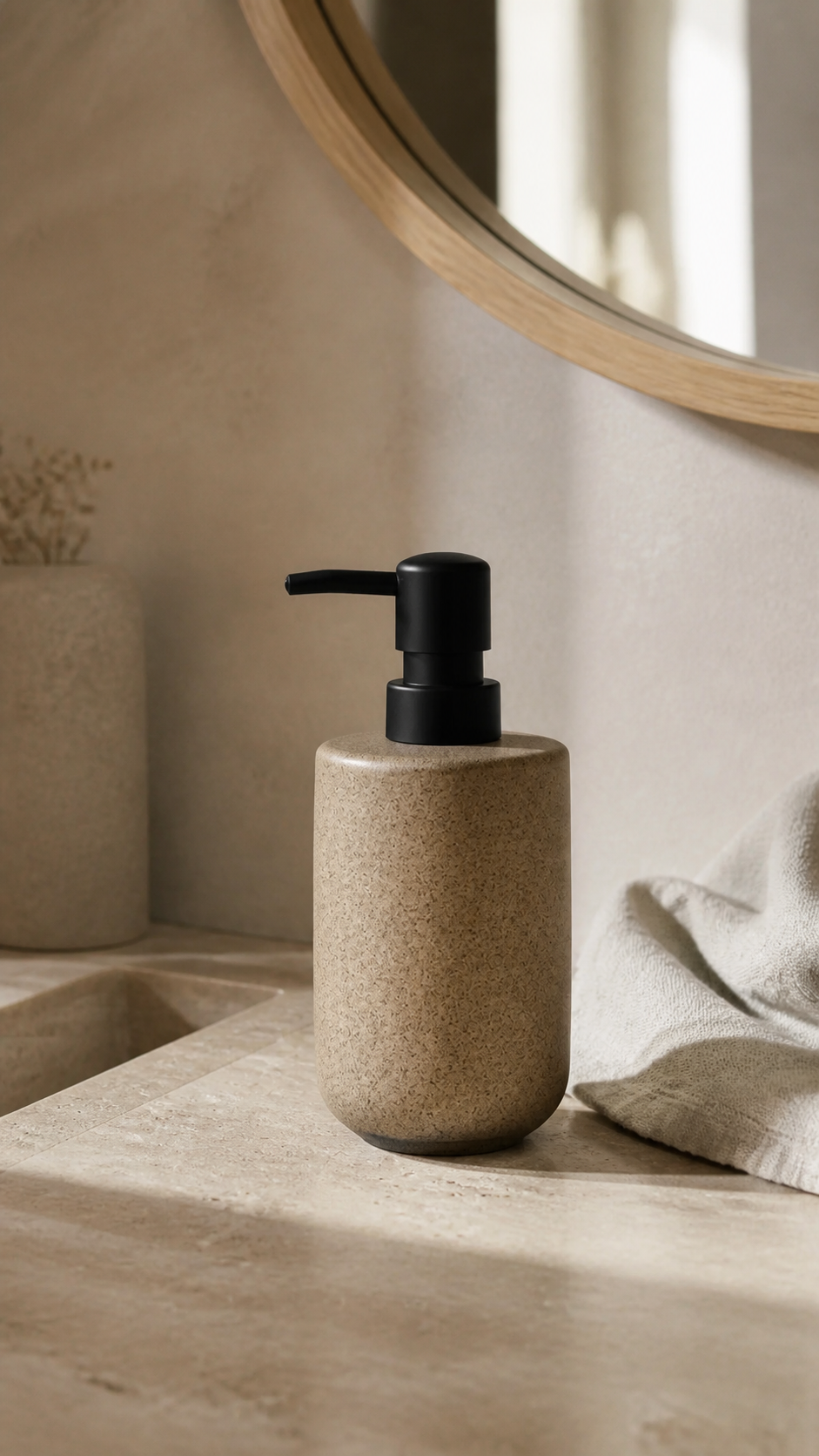 Oak & Vessel minimalist matte ceramic soap dispenser on a limestone vanity