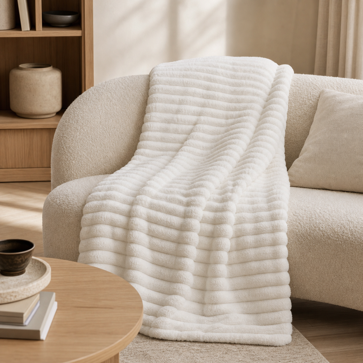 Solid white sculpted fleece throw in a warm neutral living room