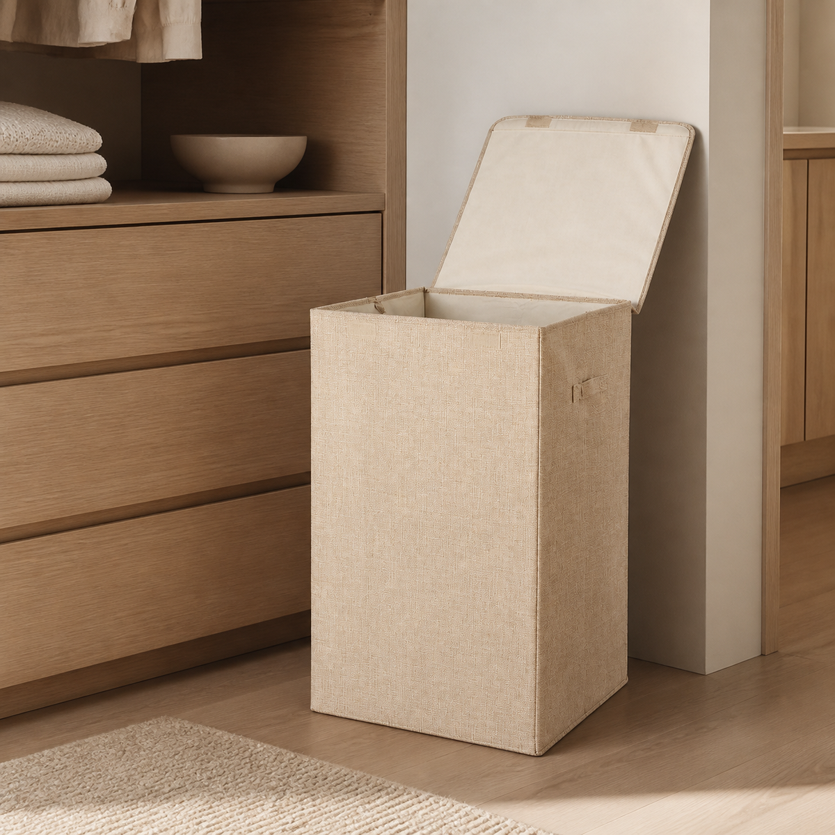 Warm beige structured linen-look laundry hamper in a refined dressing room