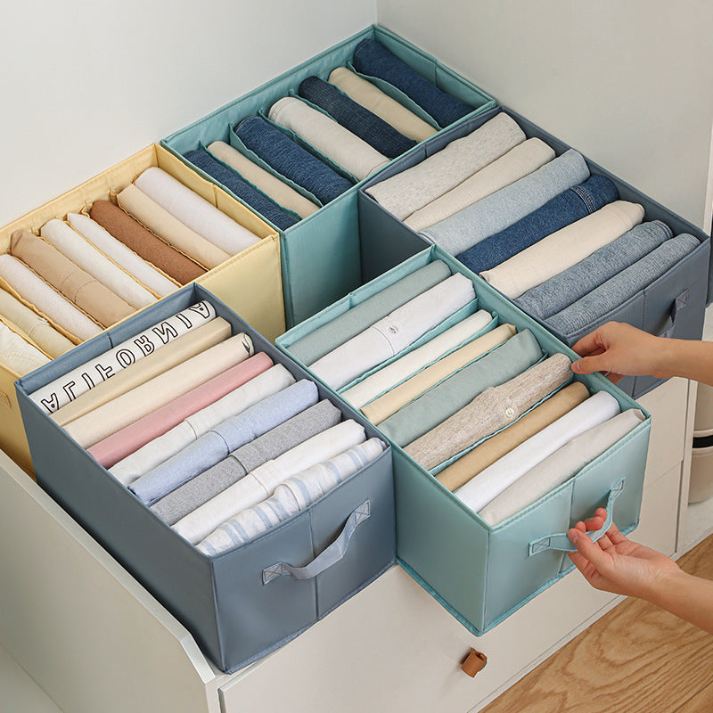 Foldable clothing organizer neatly storing denim and pants