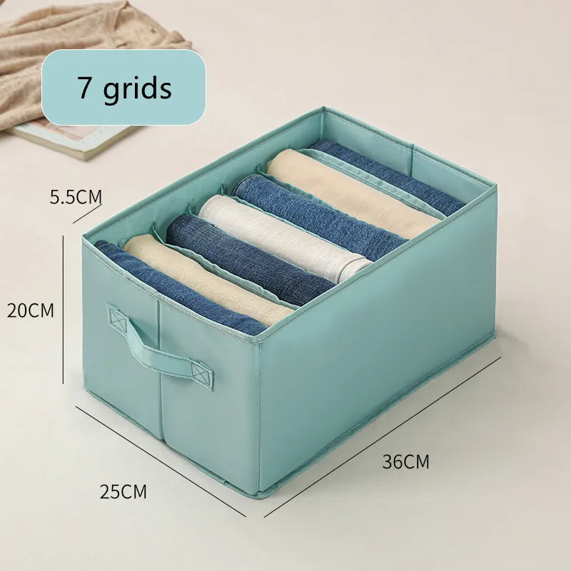 Foldable wardrobe organizer showing divided storage grid
